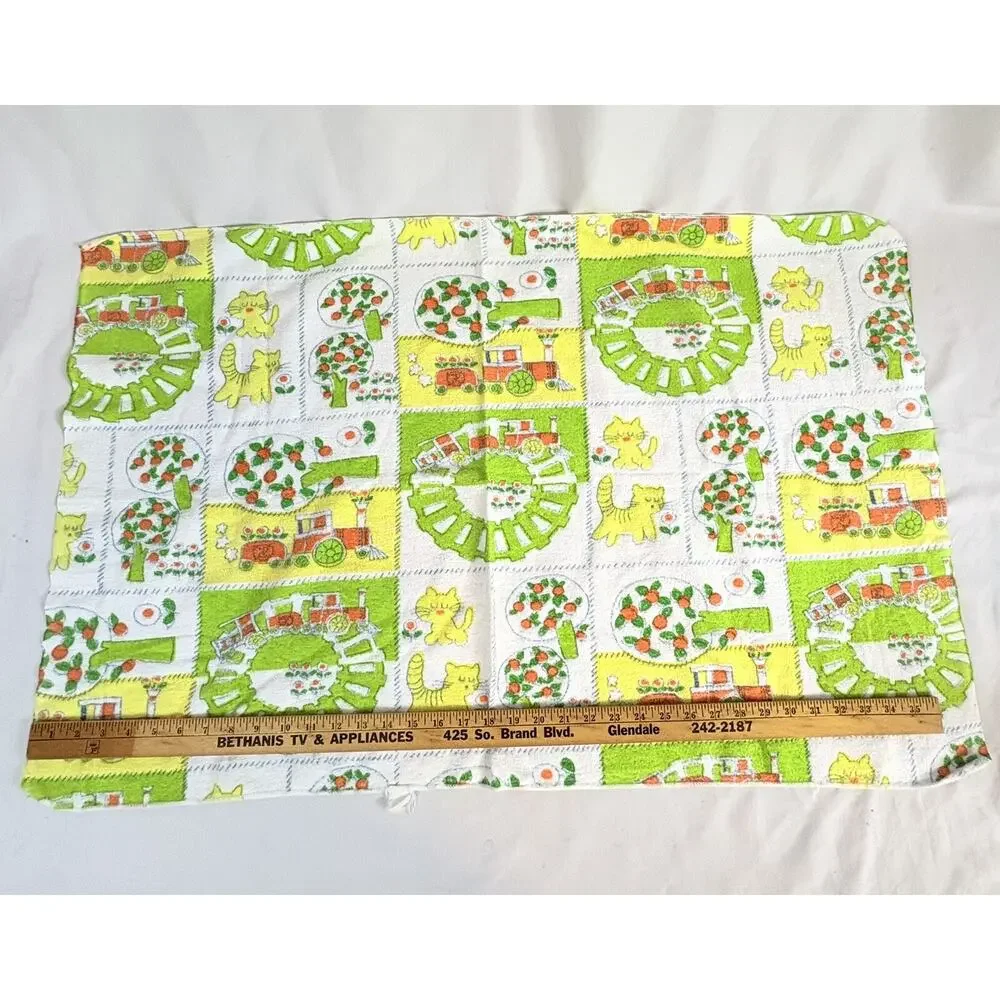 Vintage Baby Receiving Blanket Green Yellow Orange Trees Cats Trains 26x39